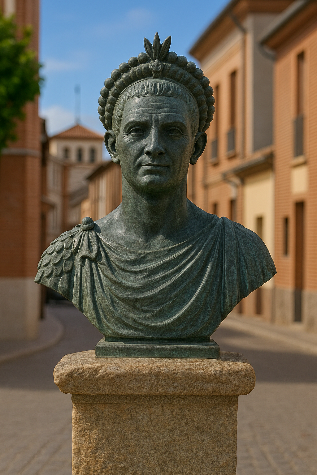 Estatua romana con paisaje rural