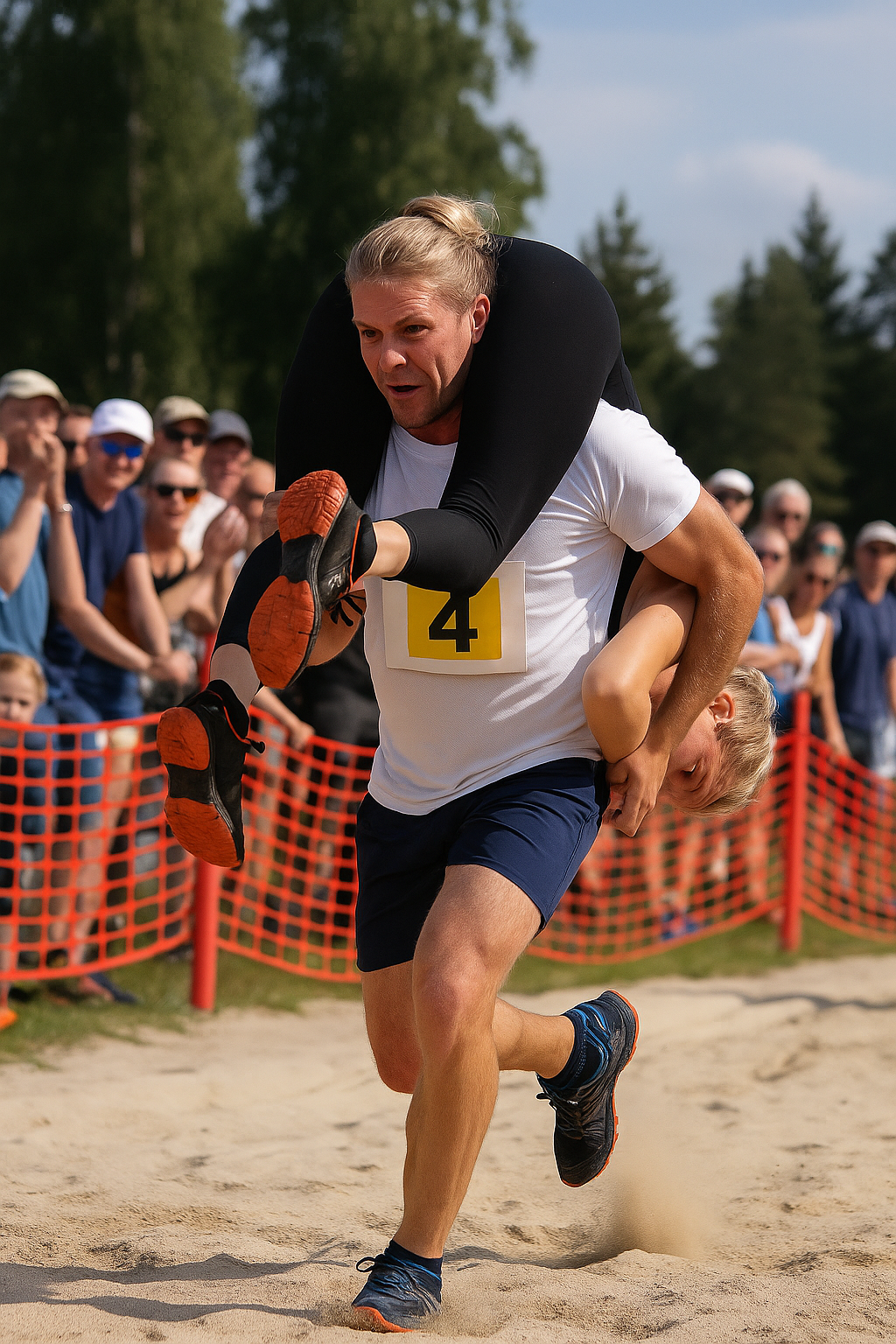 Hombre corriendo con mujer al hombro en competición