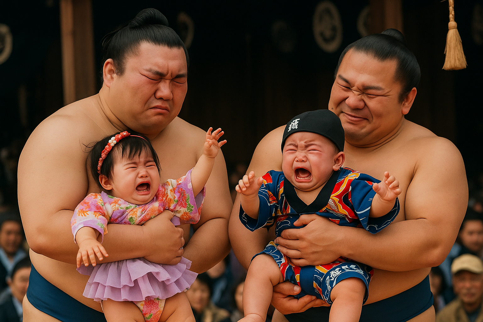 Bebé llorando en brazos de luchador tradicional japonés