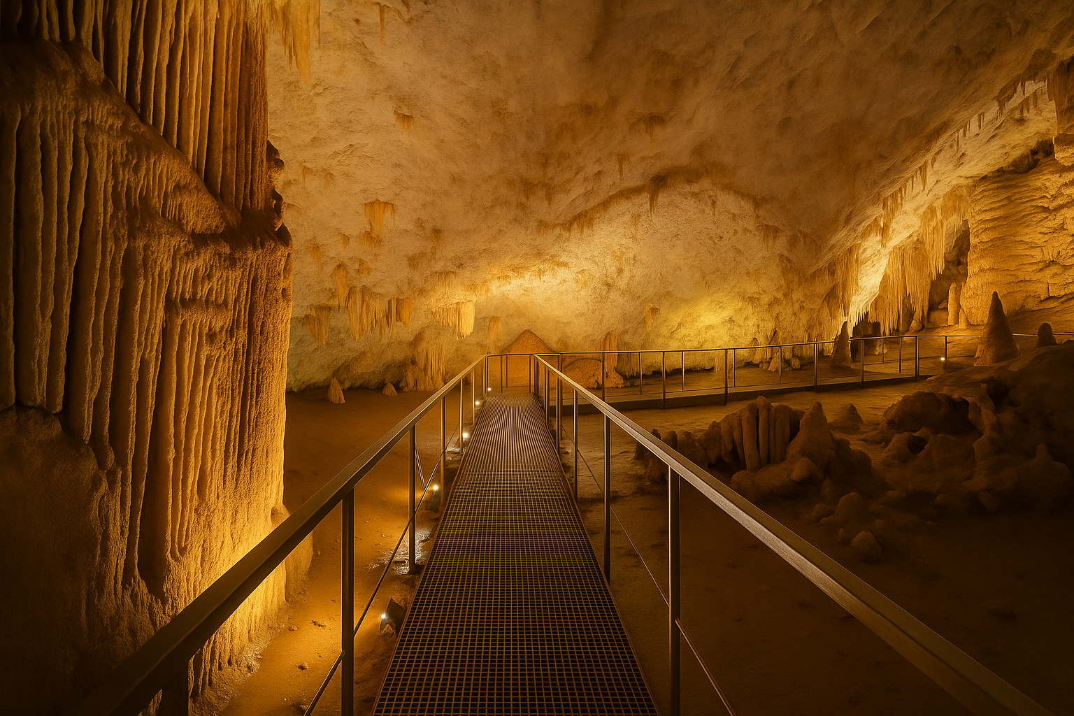 Pasarela iluminada en una cueva con estalactitas